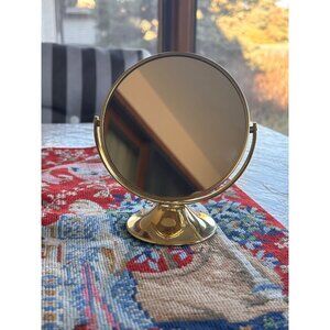Vintage Round Brass Vanity Mirror Makeup Pedestal Magnifying  4.5”